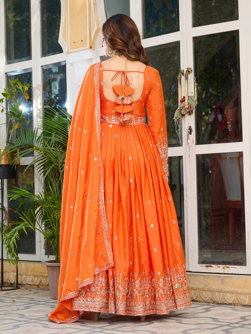 Teeya Creation Orange Color American Silk Embroidery Work Fully Stitched Gown