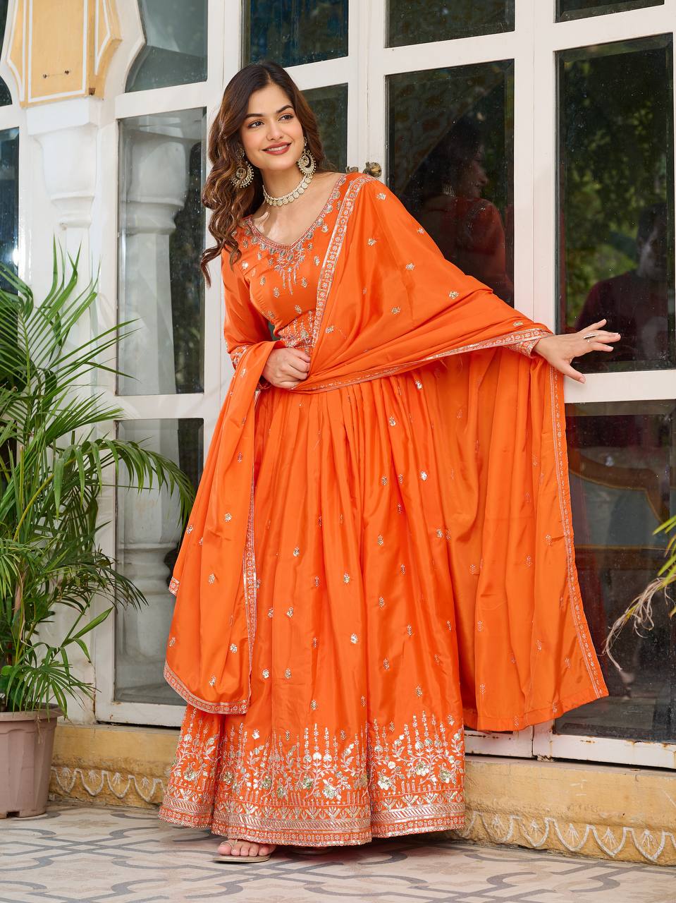 Teeya Creation Orange Color American Silk Embroidery Work Fully Stitched Gown