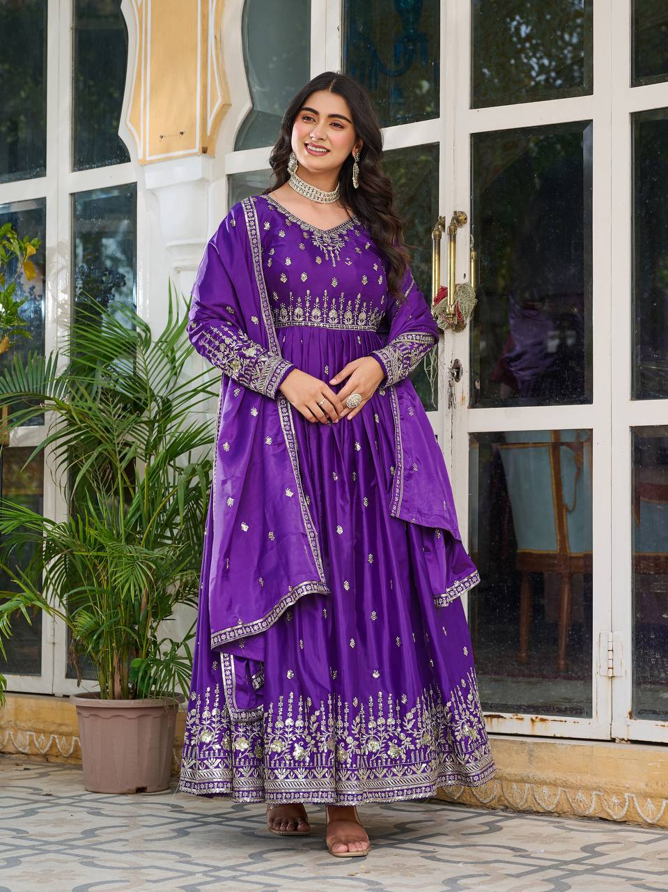 Teeya Creation Purple Color American Silk Embroidery Work Fully Stitched Gown