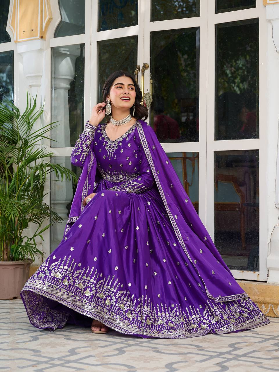Teeya Creation Purple Color American Silk Embroidery Work Fully Stitched Gown