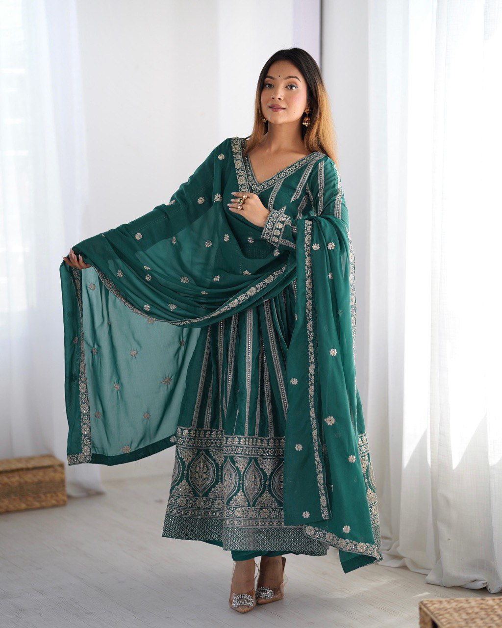 Teeya Creation Green Color Star Georgette Embroidery Work Fully Stitched Gown