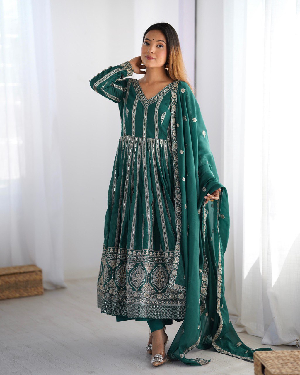 Teeya Creation Green Color Star Georgette Embroidery Work Fully Stitched Gown