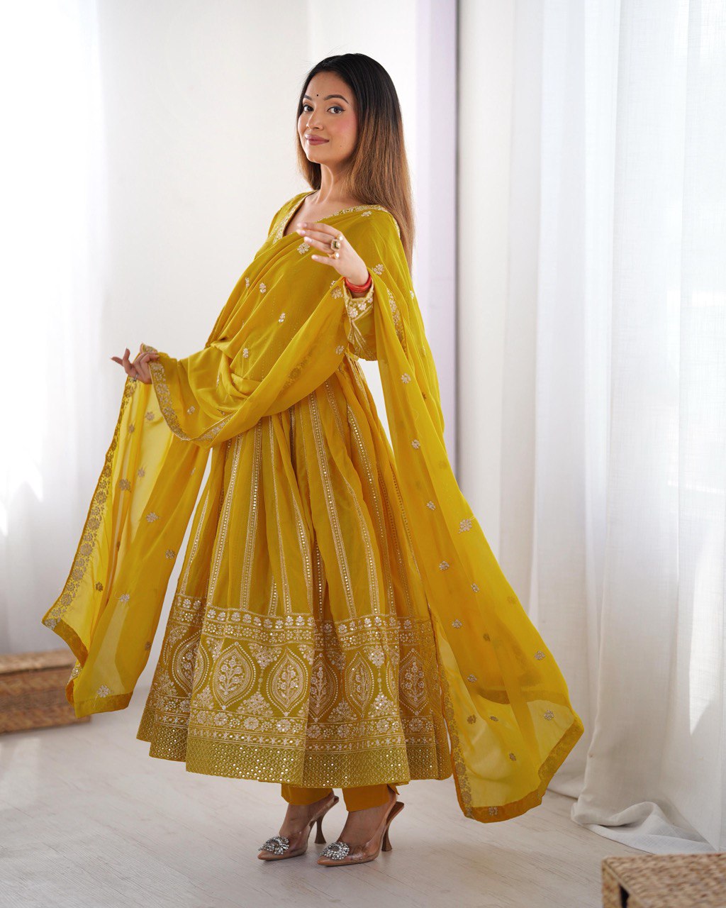 Teeya Creation Yellow Color Star Georgette Embroidery Work Fully Stitched Gown