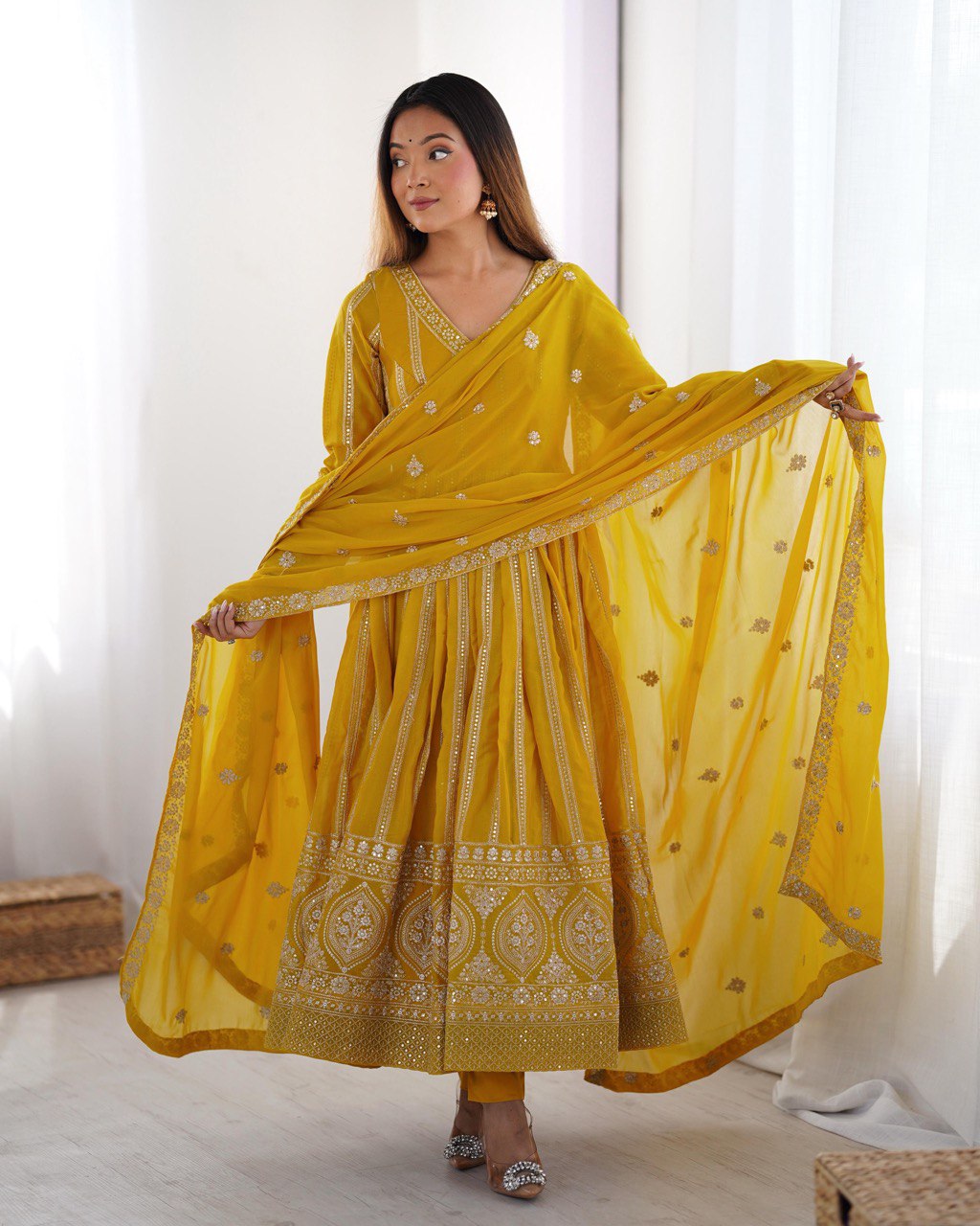 Teeya Creation Yellow Color Star Georgette Embroidery Work Fully Stitched Gown