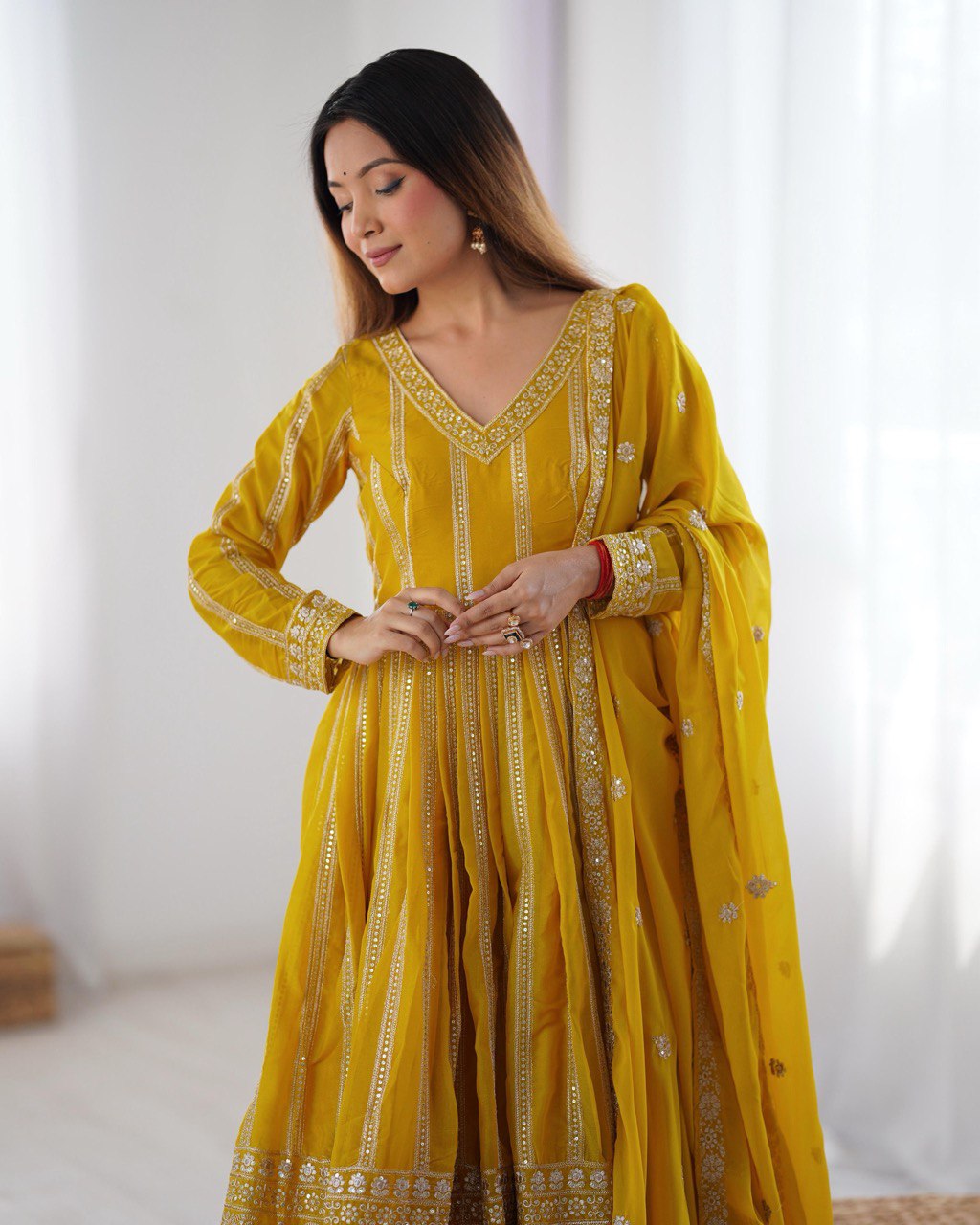 Teeya Creation Yellow Color Star Georgette Embroidery Work Fully Stitched Gown