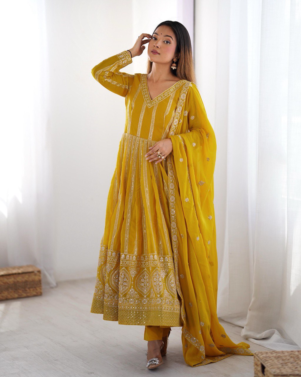 Teeya Creation Yellow Color Star Georgette Embroidery Work Fully Stitched Gown