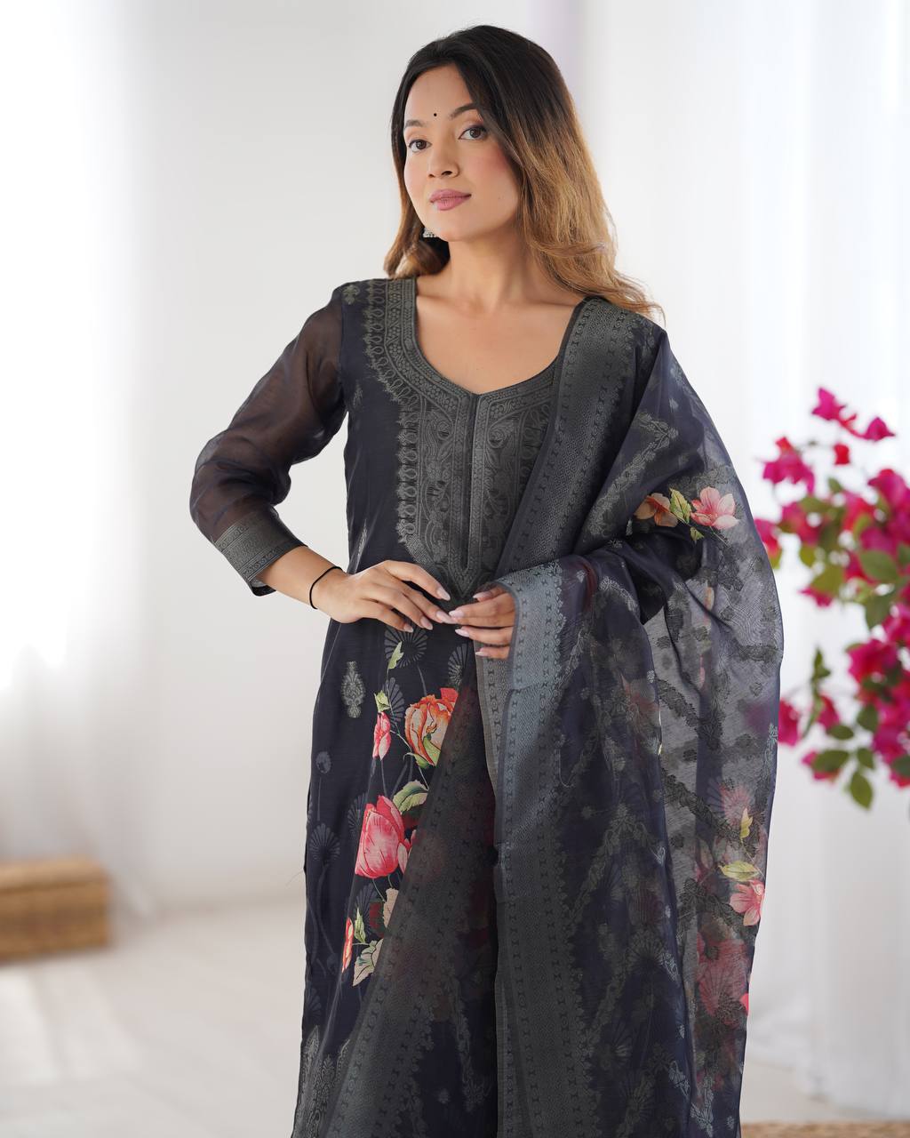 Teeya Creation Black Color Chanderi Silk Embroidery Work Fully Stitched Pakistani Suit