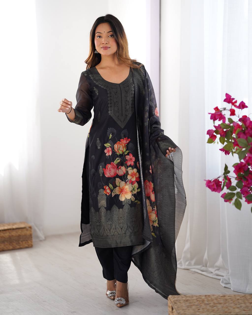 Teeya Creation Black Color Chanderi Silk Embroidery Work Fully Stitched Pakistani Suit