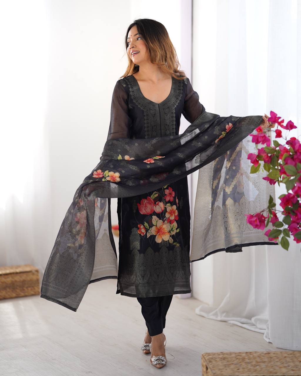 Teeya Creation Black Color Chanderi Silk Embroidery Work Fully Stitched Pakistani Suit