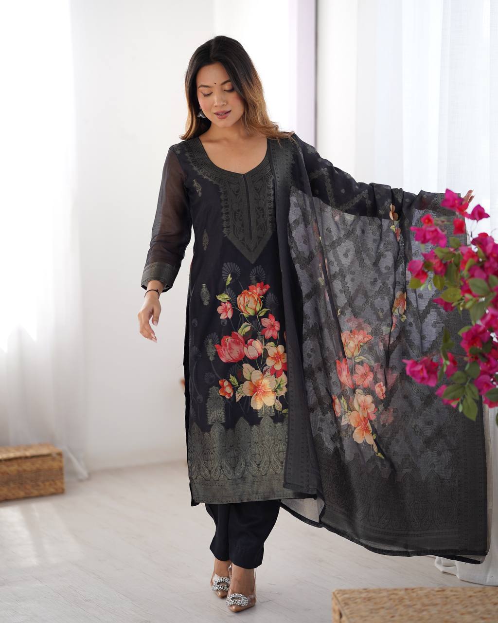 Teeya Creation Black Color Chanderi Silk Embroidery Work Fully Stitched Pakistani Suit