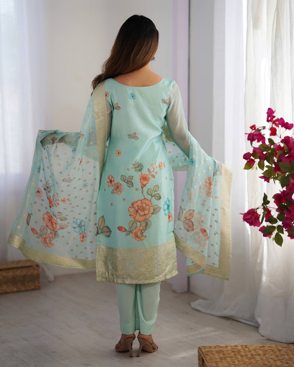 Teeya Creation Sky Color Chanderi Silk Embroidery Work Fully Stitched Pakistani Suit