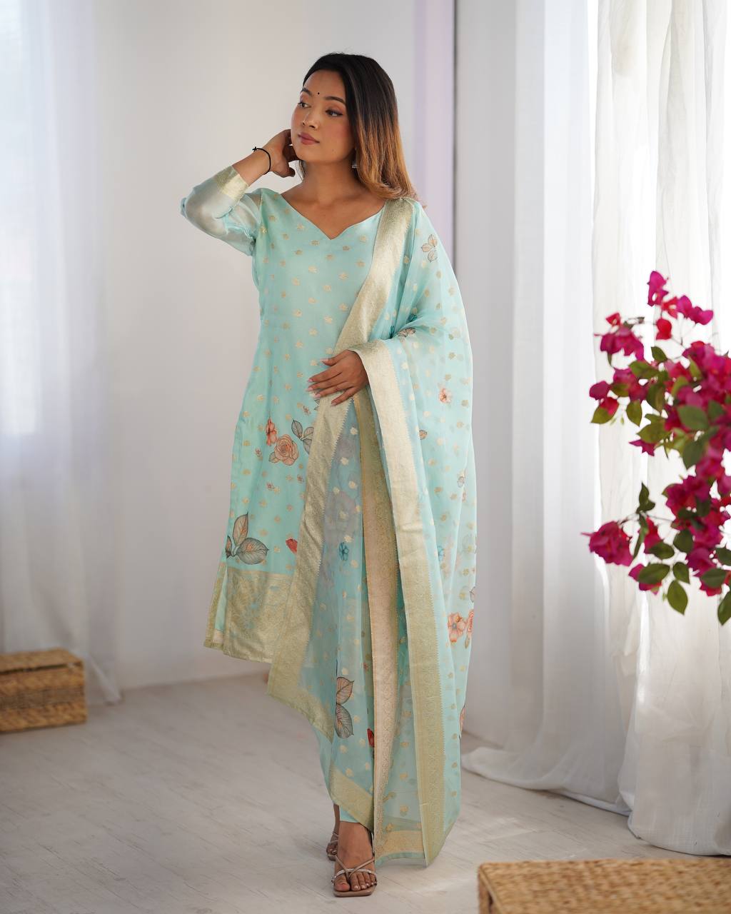 Teeya Creation Sky Color Chanderi Silk Embroidery Work Fully Stitched Pakistani Suit