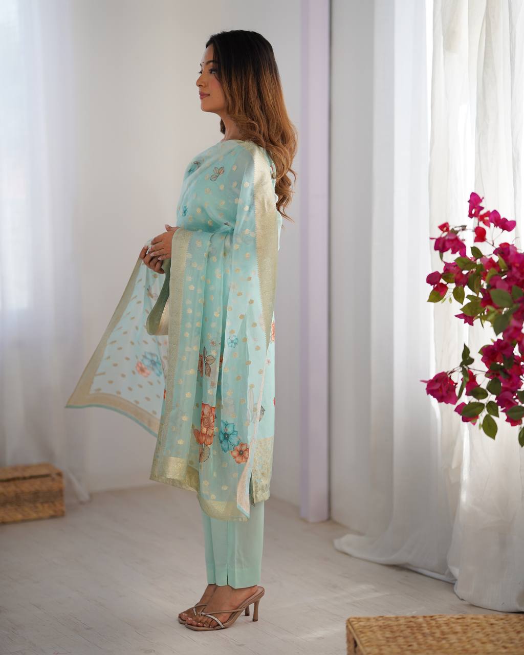 Teeya Creation Sky Color Chanderi Silk Embroidery Work Fully Stitched Pakistani Suit