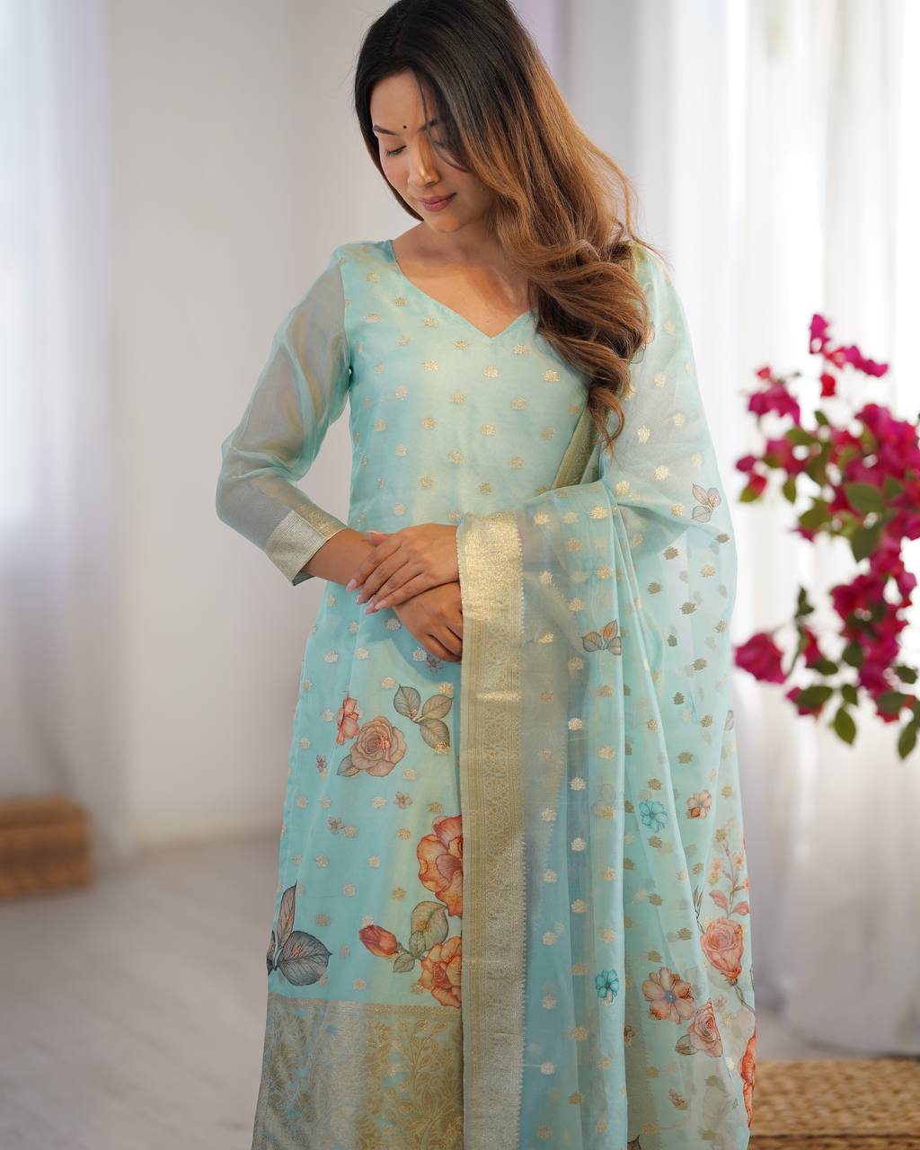 Teeya Creation Sky Color Chanderi Silk Embroidery Work Fully Stitched Pakistani Suit