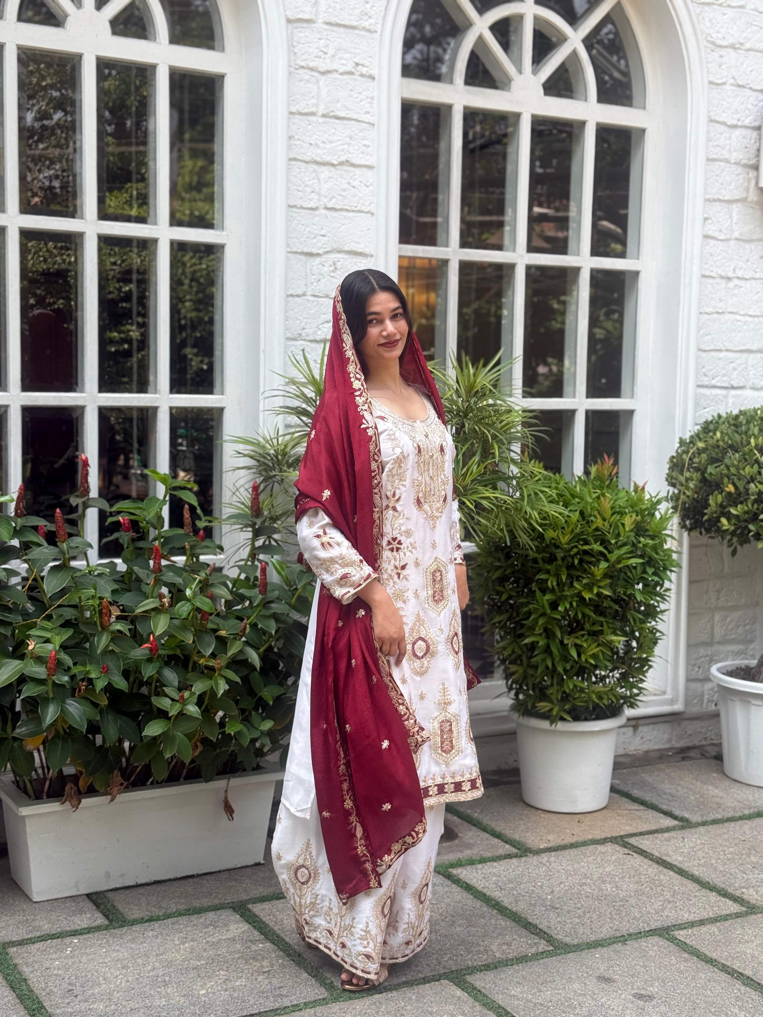 Teeya Creation White Color Chinnon Silk Embroidery Work Fully Stitched Pakistani Suit