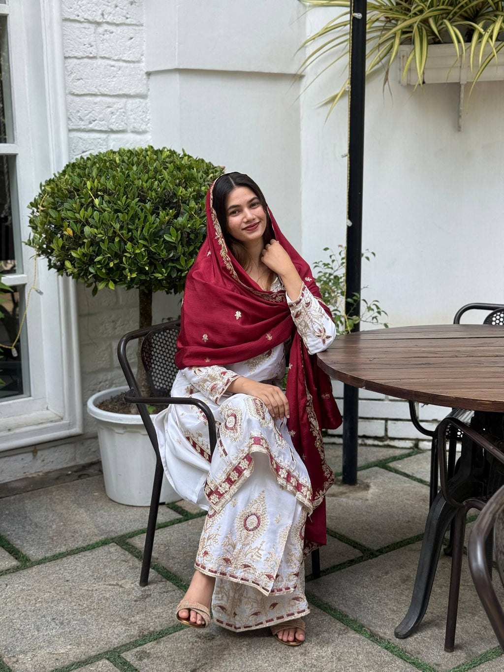 Teeya Creation White Color Chinnon Silk Embroidery Work Fully Stitched Pakistani Suit