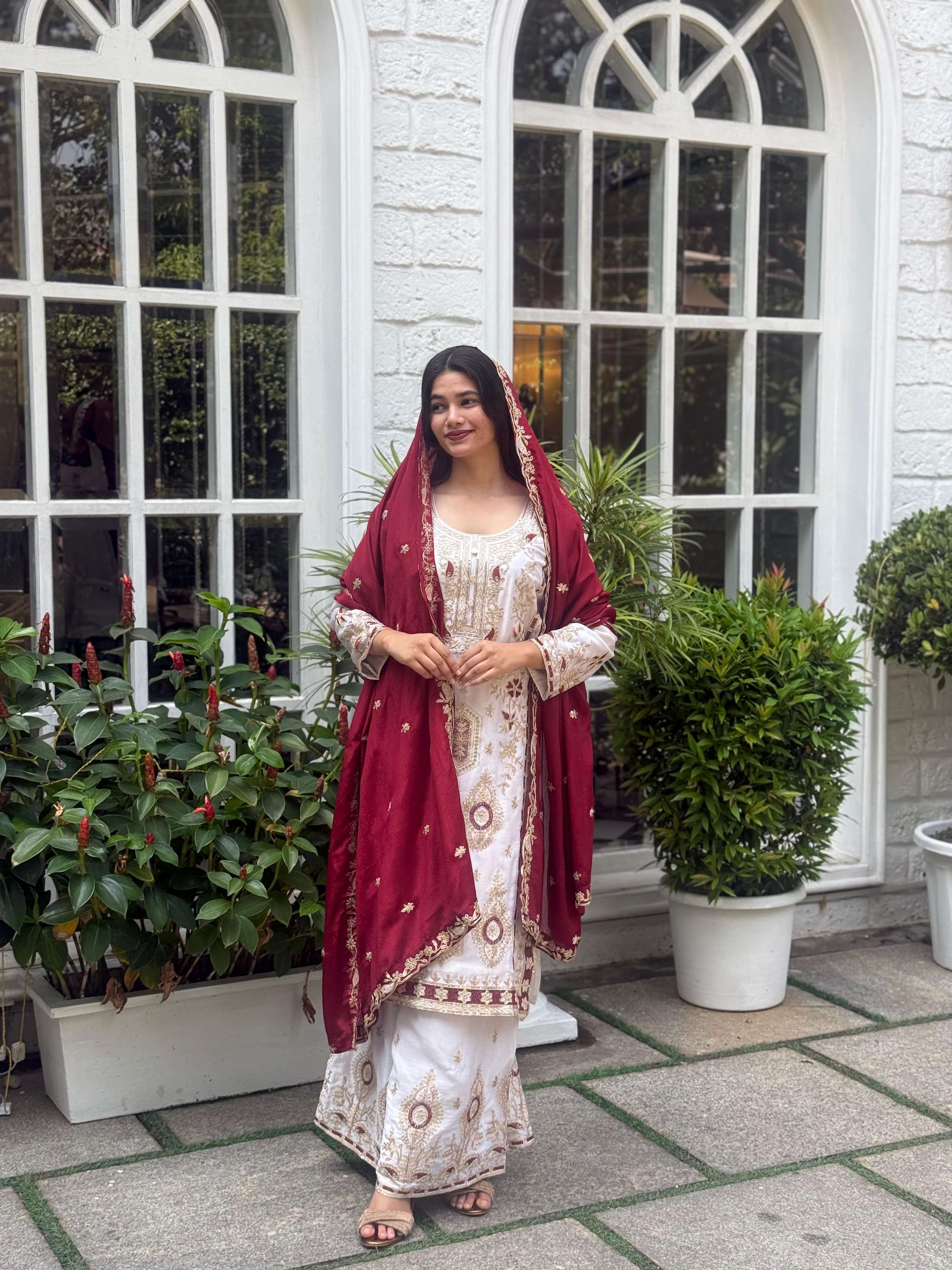 Teeya Creation White Color Chinnon Silk Embroidery Work Fully Stitched Pakistani Suit