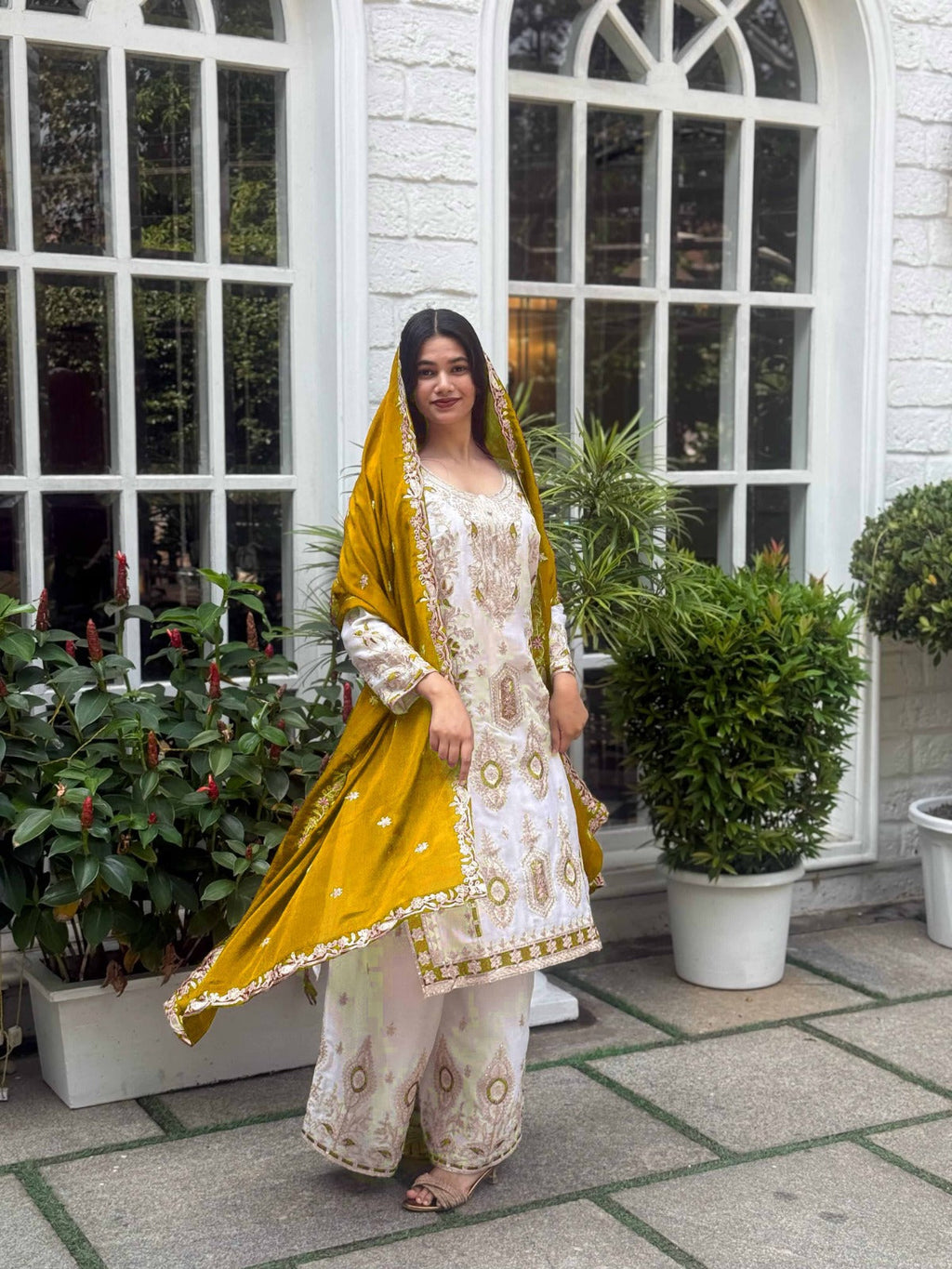 Teeya Creation White Color Chinnon Silk Embroidery Work Fully Stitched Pakistani Suit