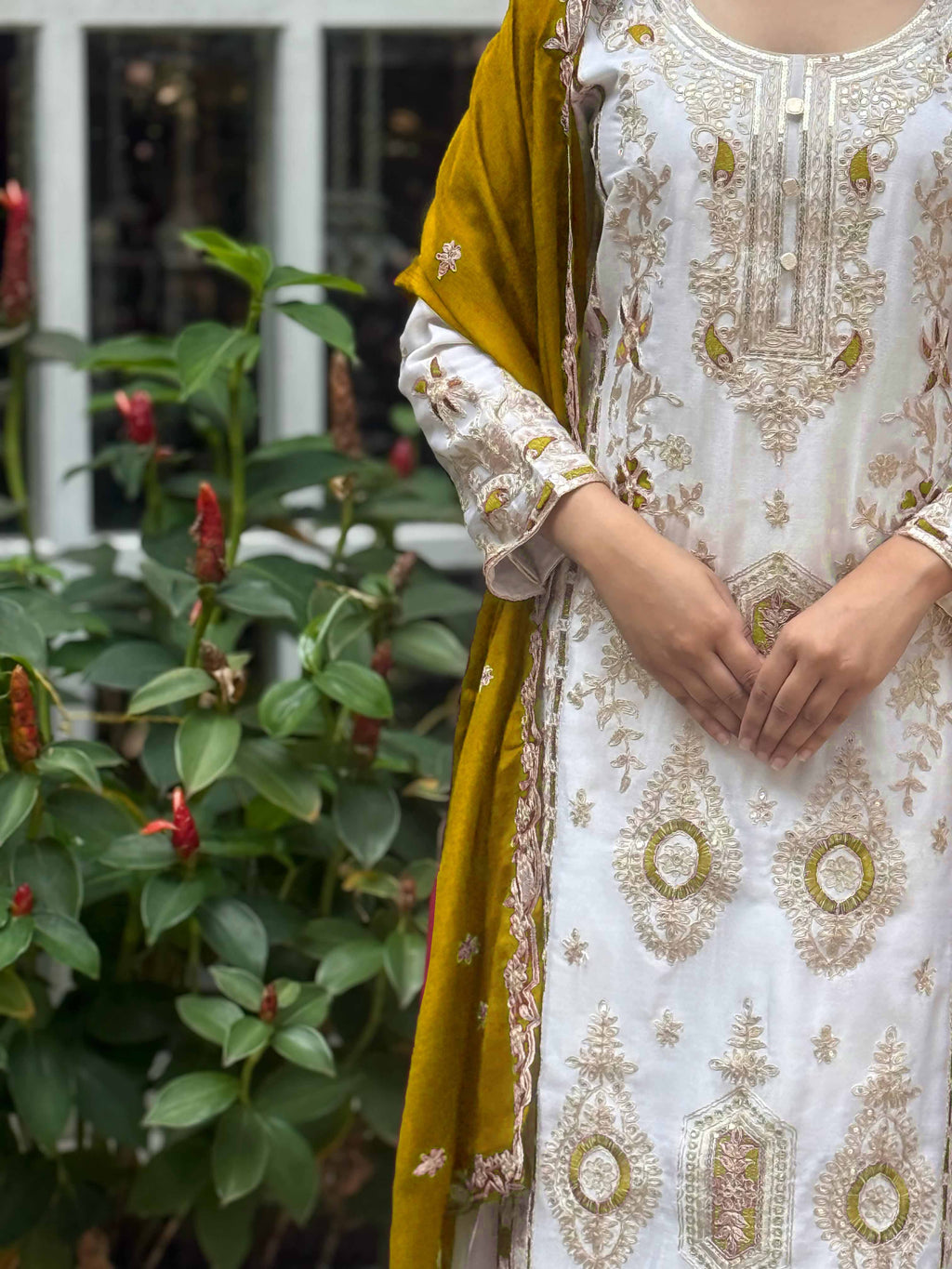 Teeya Creation White Color Chinnon Silk Embroidery Work Fully Stitched Pakistani Suit