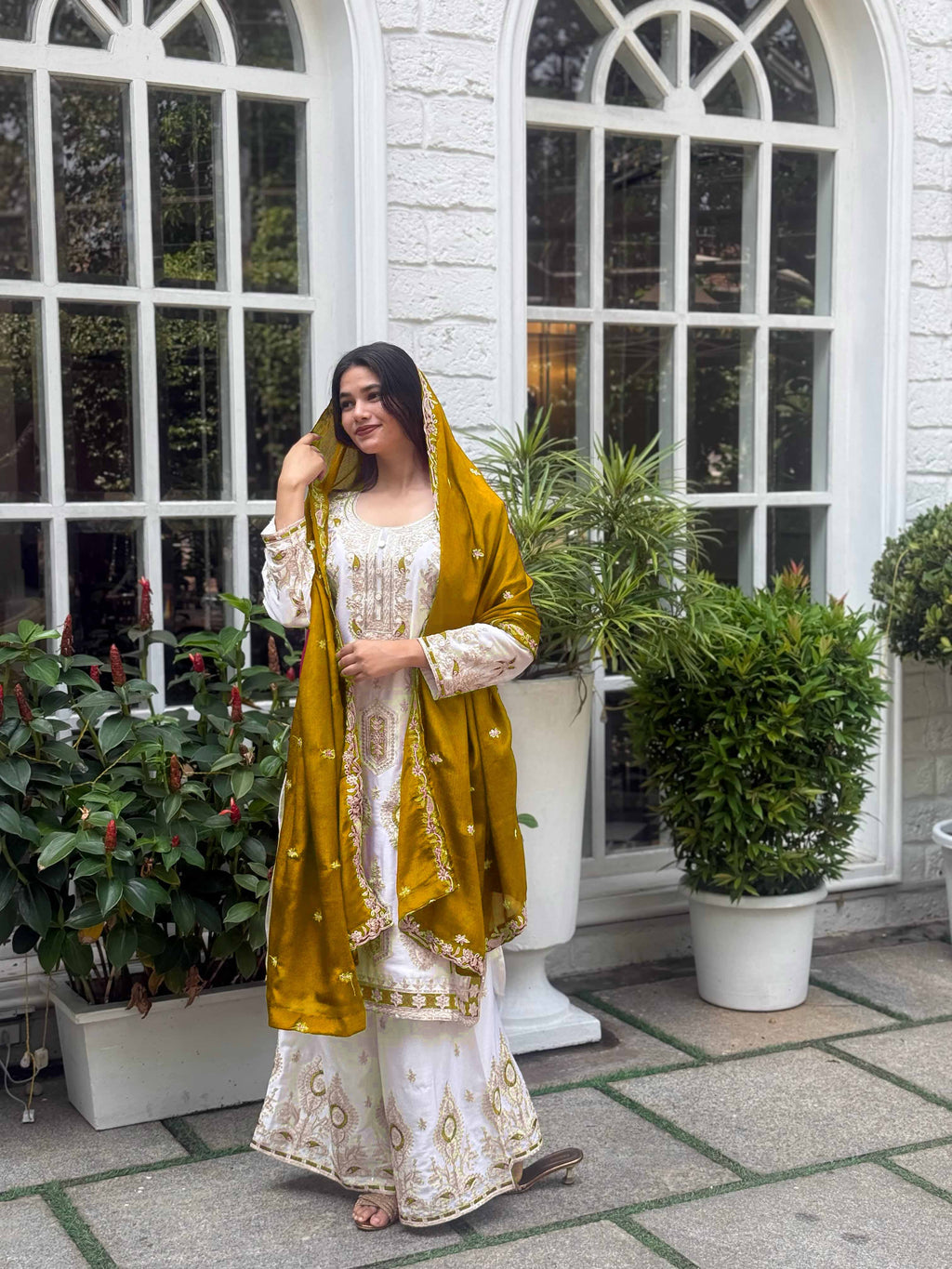 Teeya Creation White Color Chinnon Silk Embroidery Work Fully Stitched Pakistani Suit