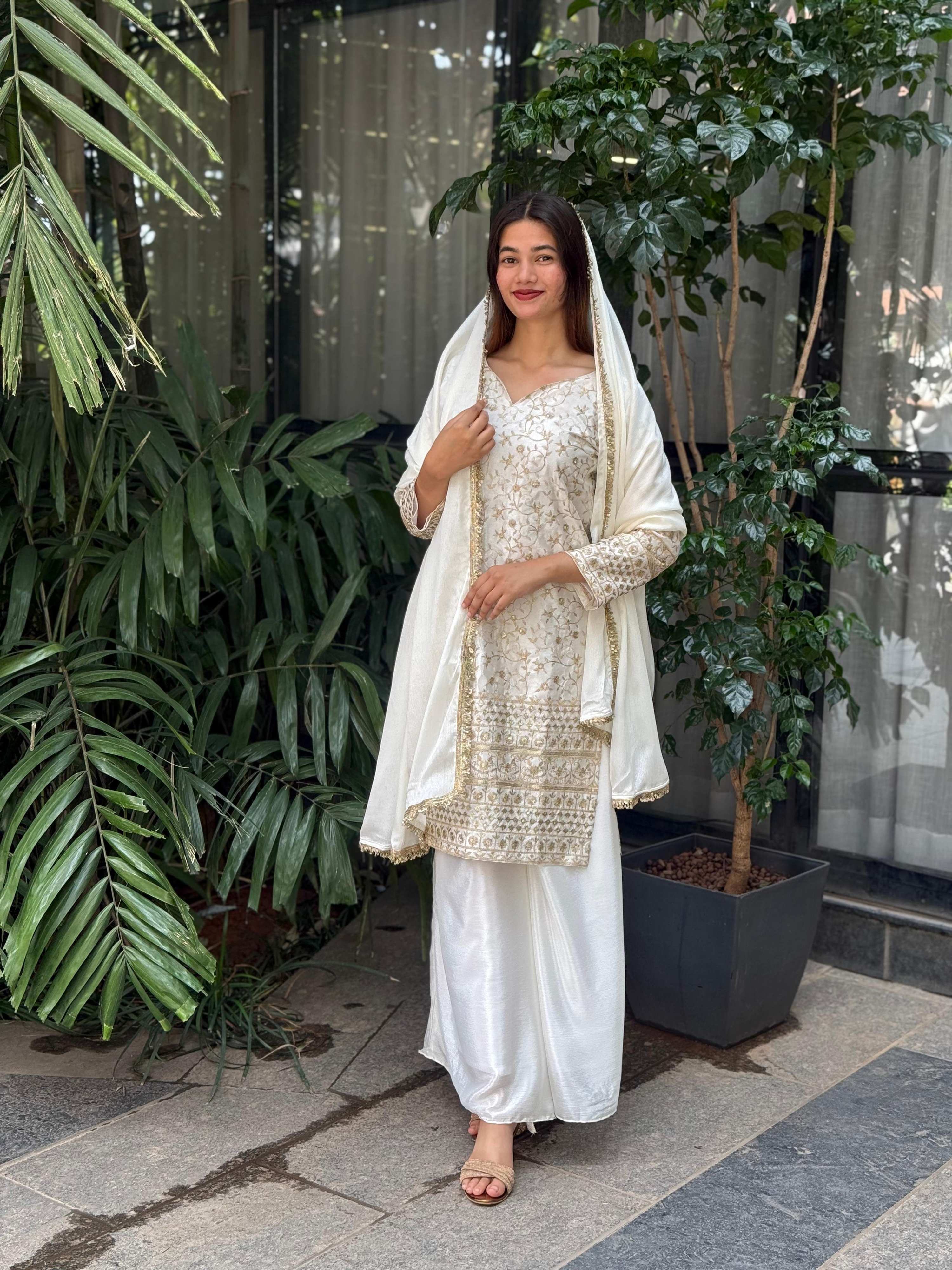Teeya Creation White Color Chinnon Silk Embroidery Work Fully Stitched Pakistani Suit
