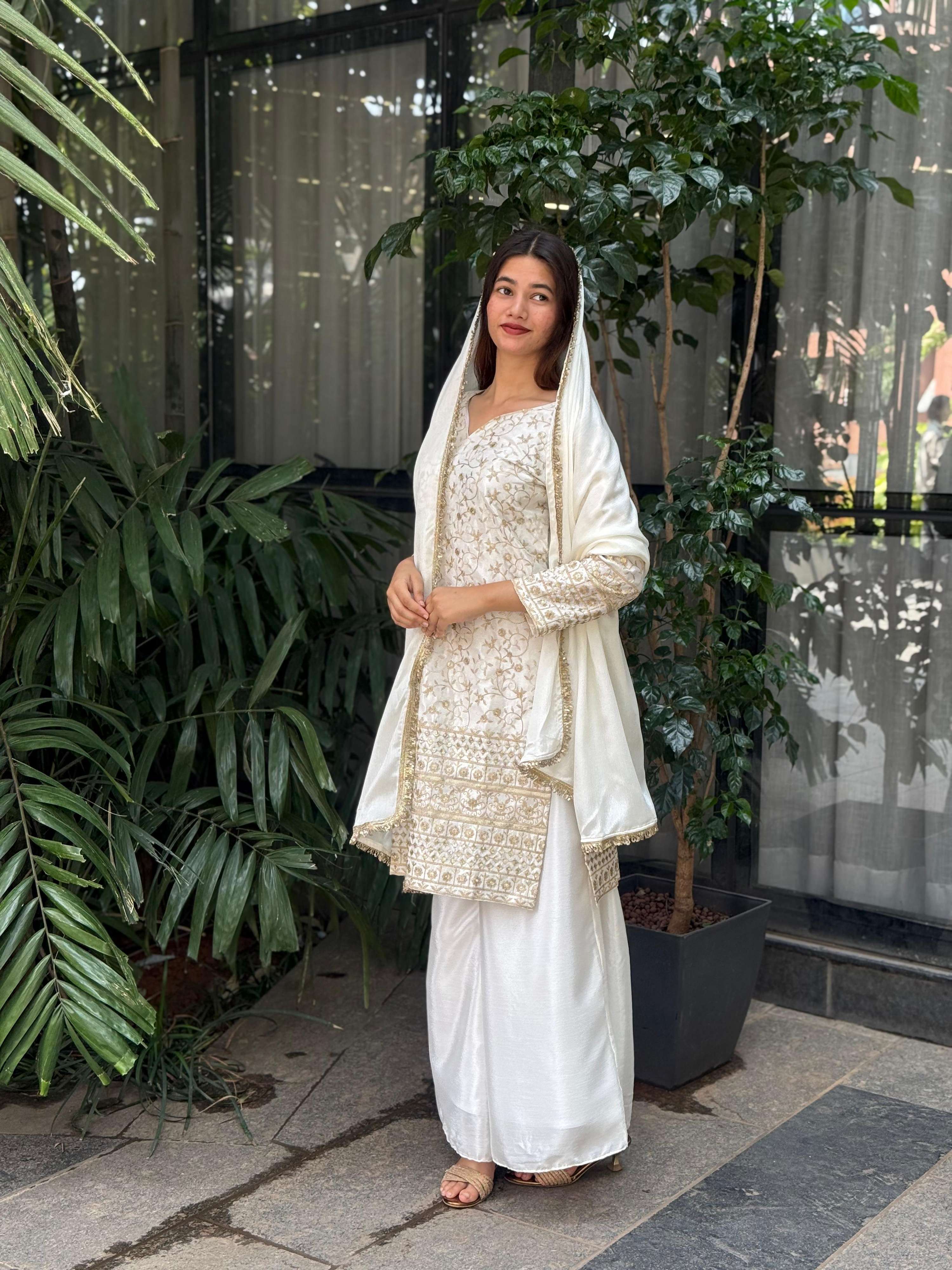 Teeya Creation White Color Chinnon Silk Embroidery Work Fully Stitched Pakistani Suit