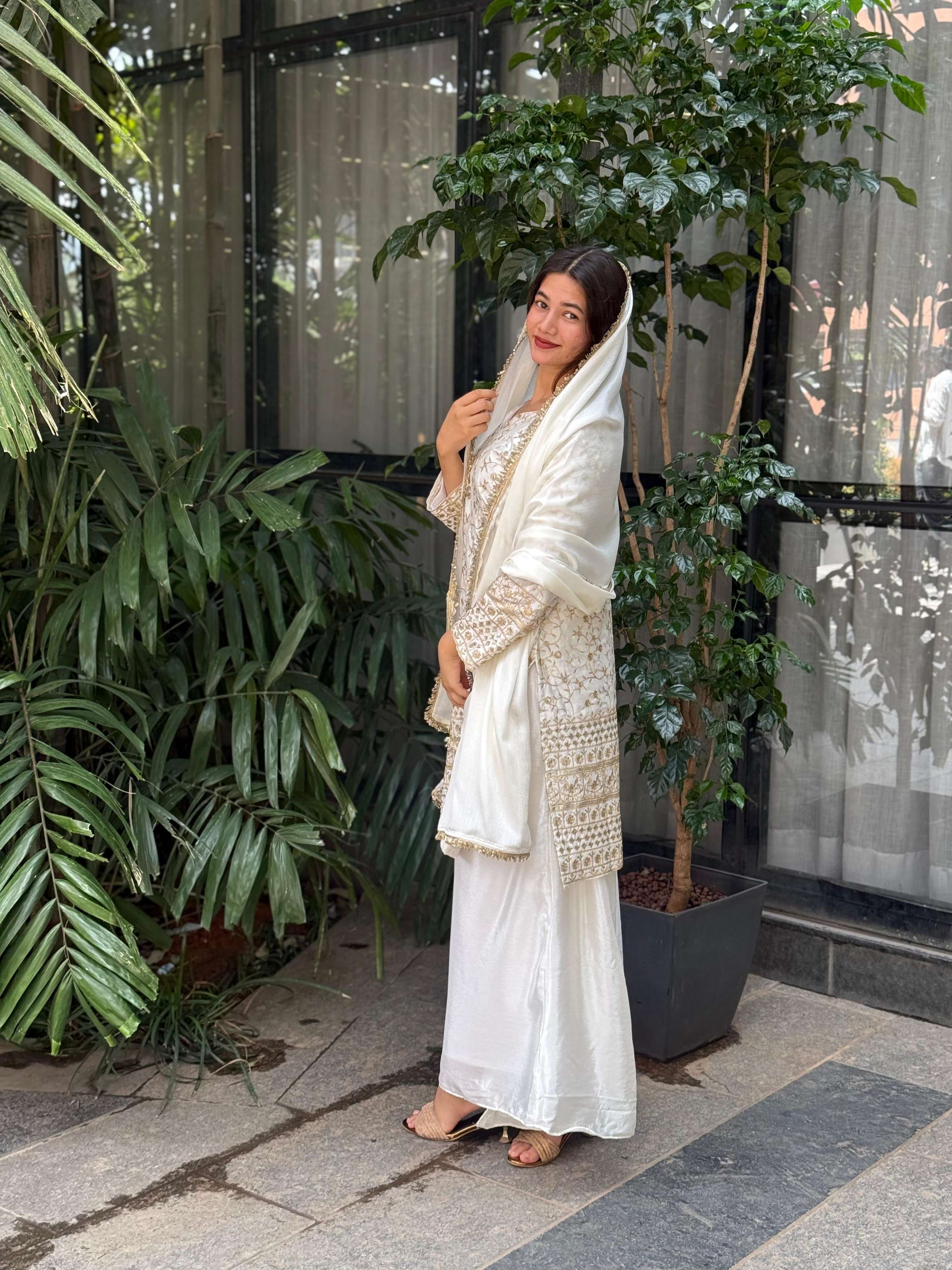 Teeya Creation White Color Chinnon Silk Embroidery Work Fully Stitched Pakistani Suit