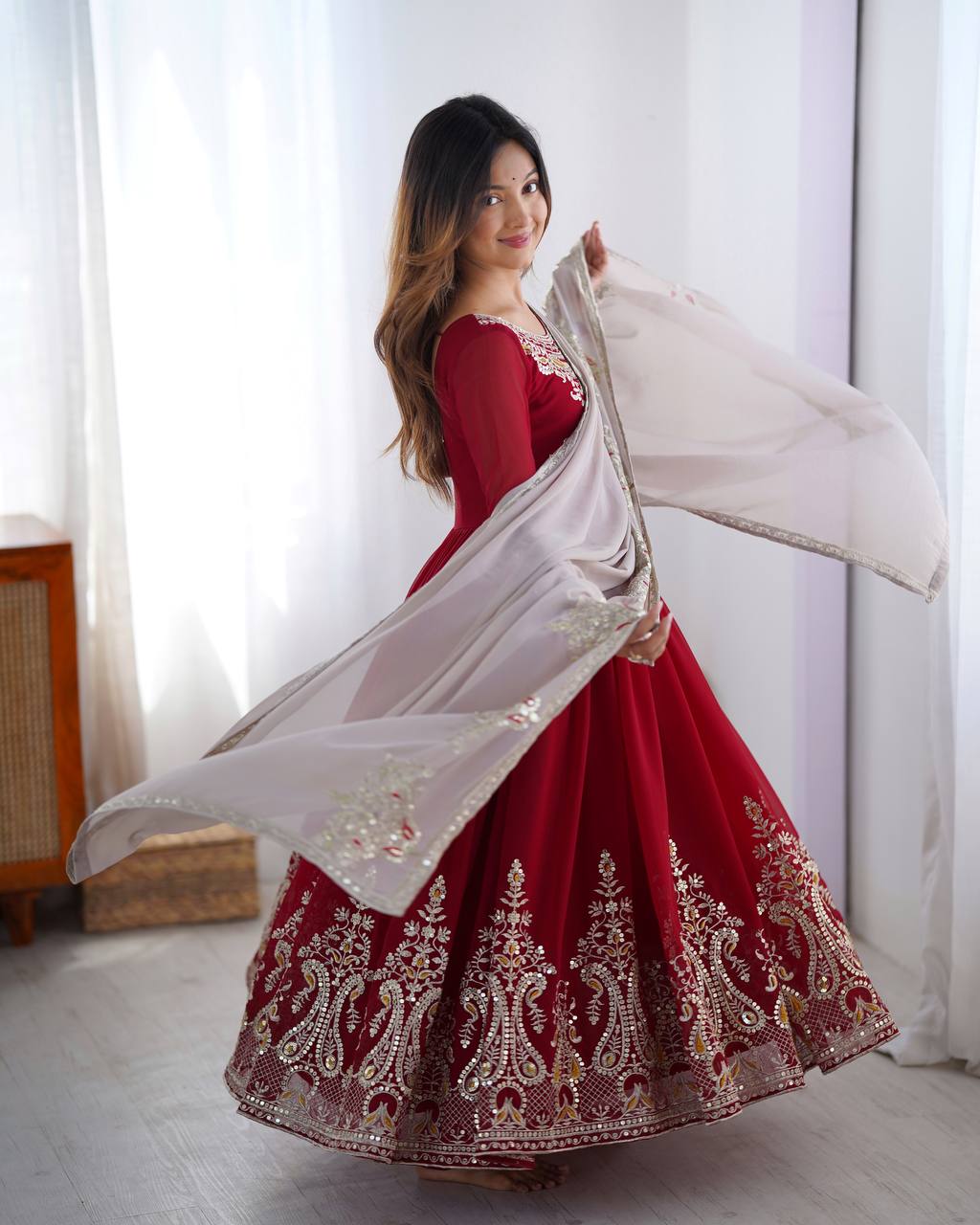 Teeya Creation Maroon Color Heavy Georgette Embroidery Work Fully Stitched Gown