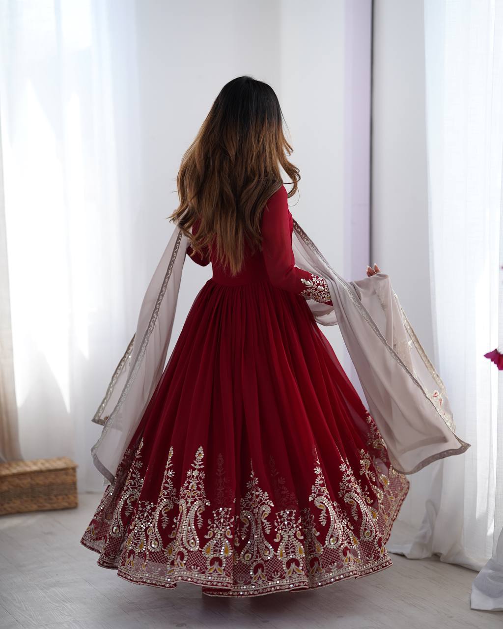 Teeya Creation Maroon Color Heavy Georgette Embroidery Work Fully Stitched Gown