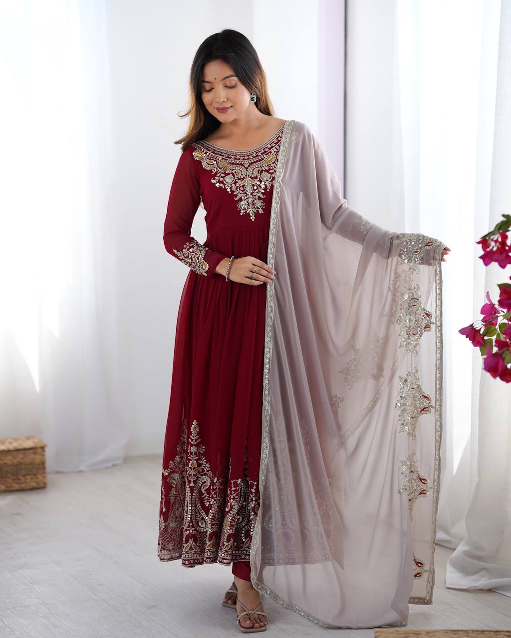 Teeya Creation Maroon Color Heavy Georgette Embroidery Work Fully Stitched Gown