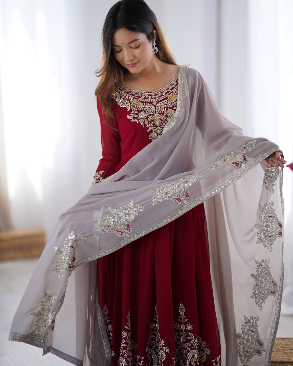 Teeya Creation Maroon Color Heavy Georgette Embroidery Work Fully Stitched Gown