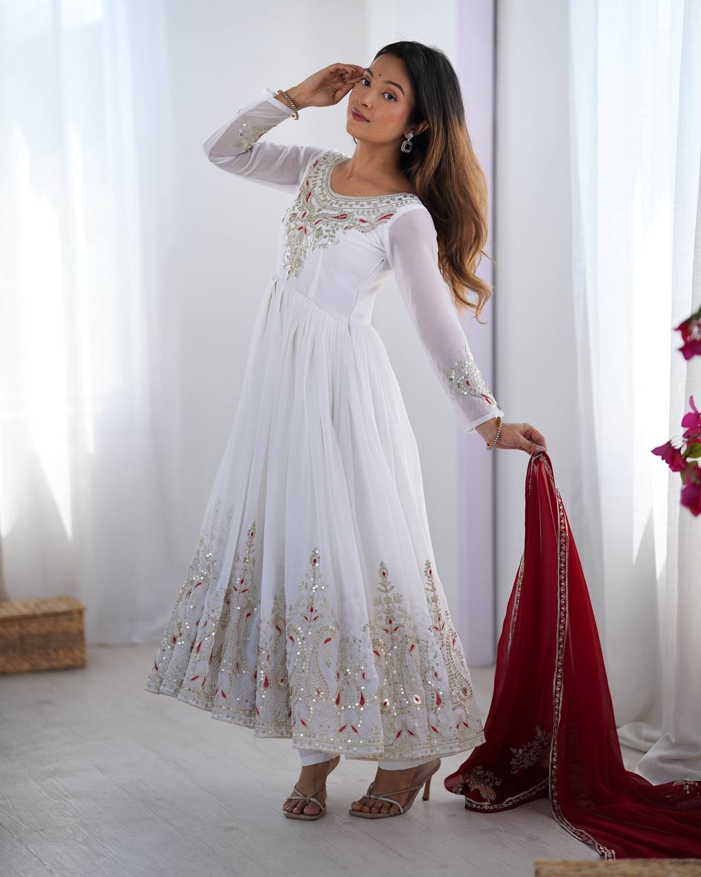 Teeya Creation White Color Heavy Georgette Embroidery Work Fully Stitched Gown
