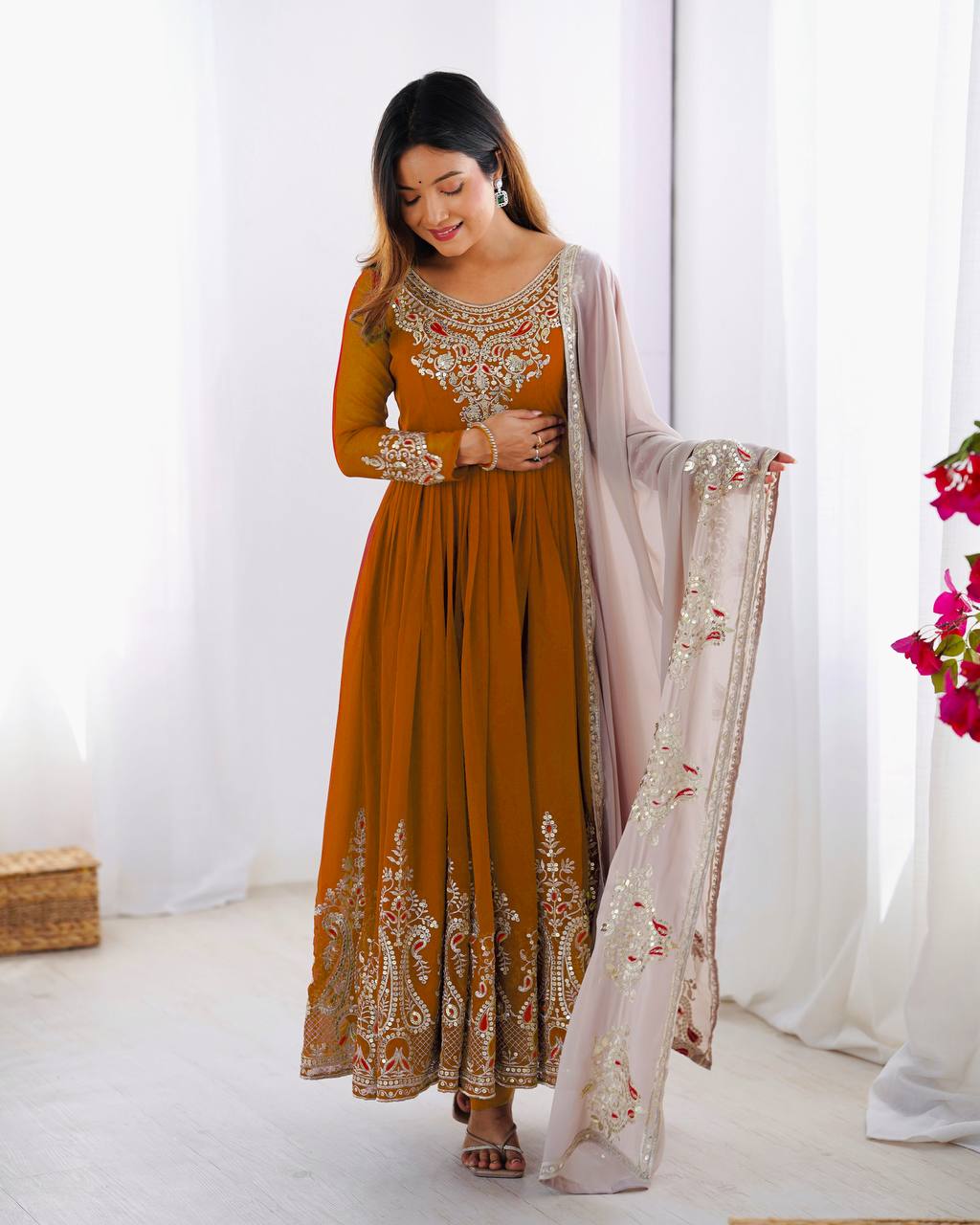 Teeya Creation Yellow Color Heavy Georgette Embroidery Work Fully Stitched Gown