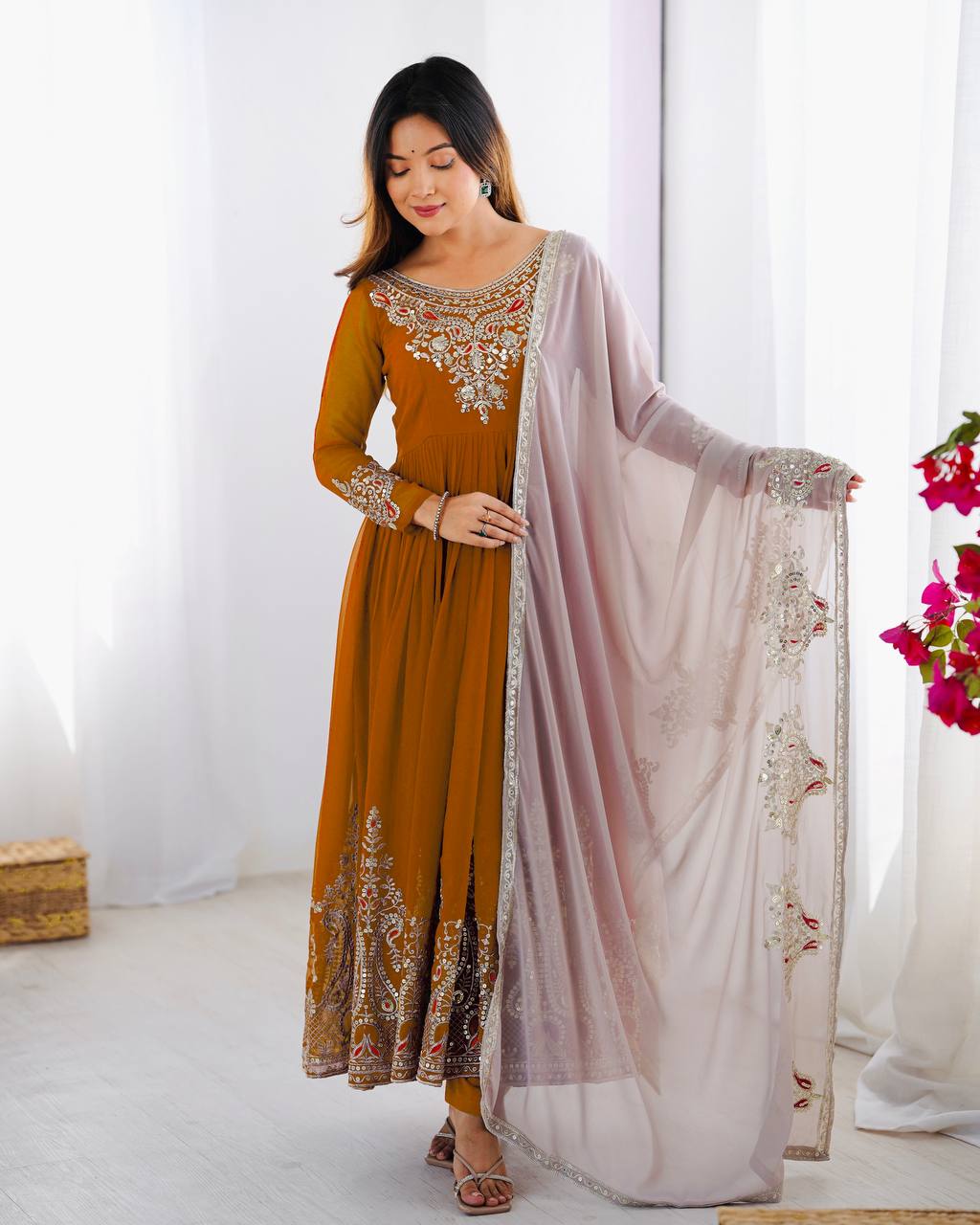 Teeya Creation Yellow Color Heavy Georgette Embroidery Work Fully Stitched Gown