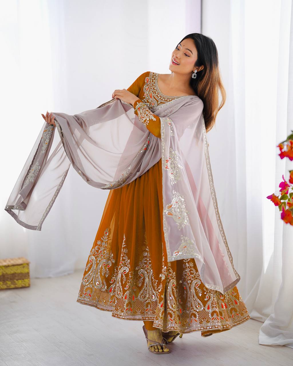 Teeya Creation Yellow Color Heavy Georgette Embroidery Work Fully Stitched Gown