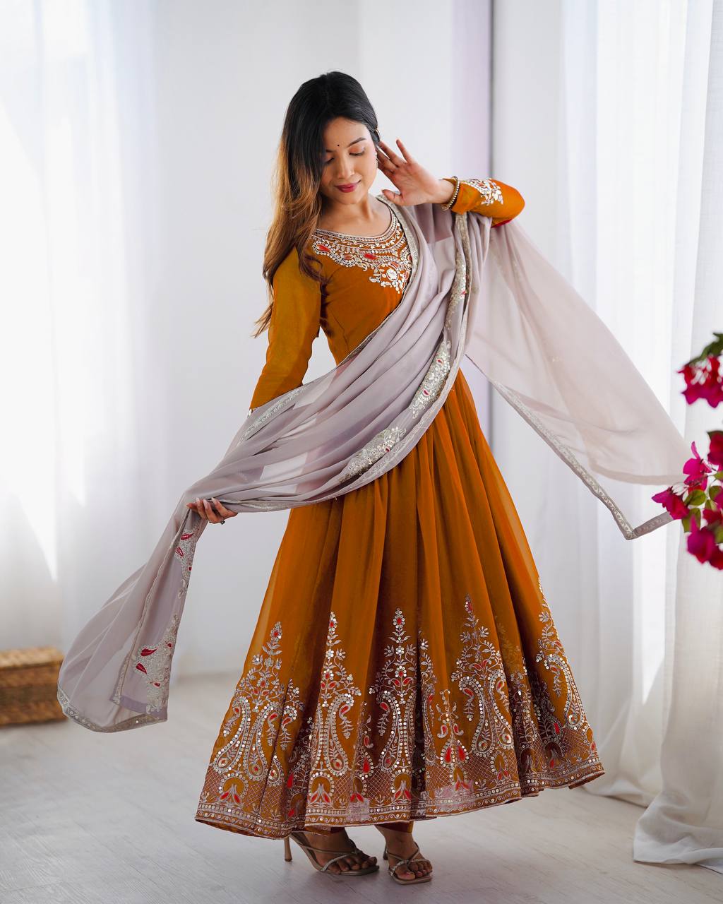 Teeya Creation Yellow Color Heavy Georgette Embroidery Work Fully Stitched Gown