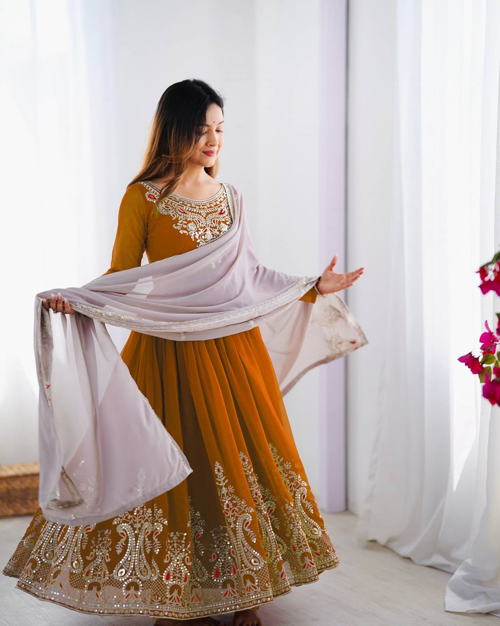 Teeya Creation Yellow Color Heavy Georgette Embroidery Work Fully Stitched Gown