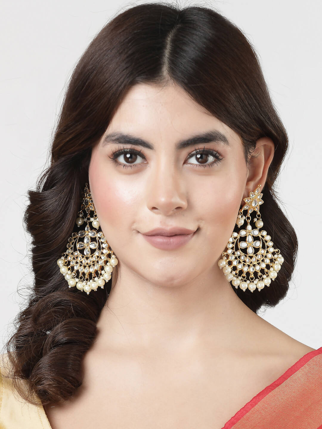 NVR Women's Gold-Polished Kundan Chandbali Earrings