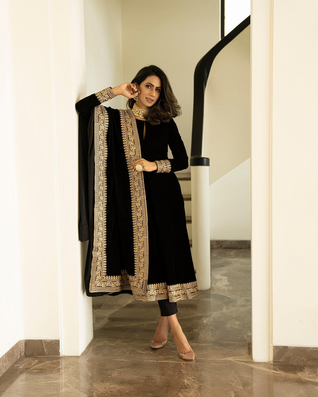 trueBrowns Black Velvet Flared Embroidered Kurta