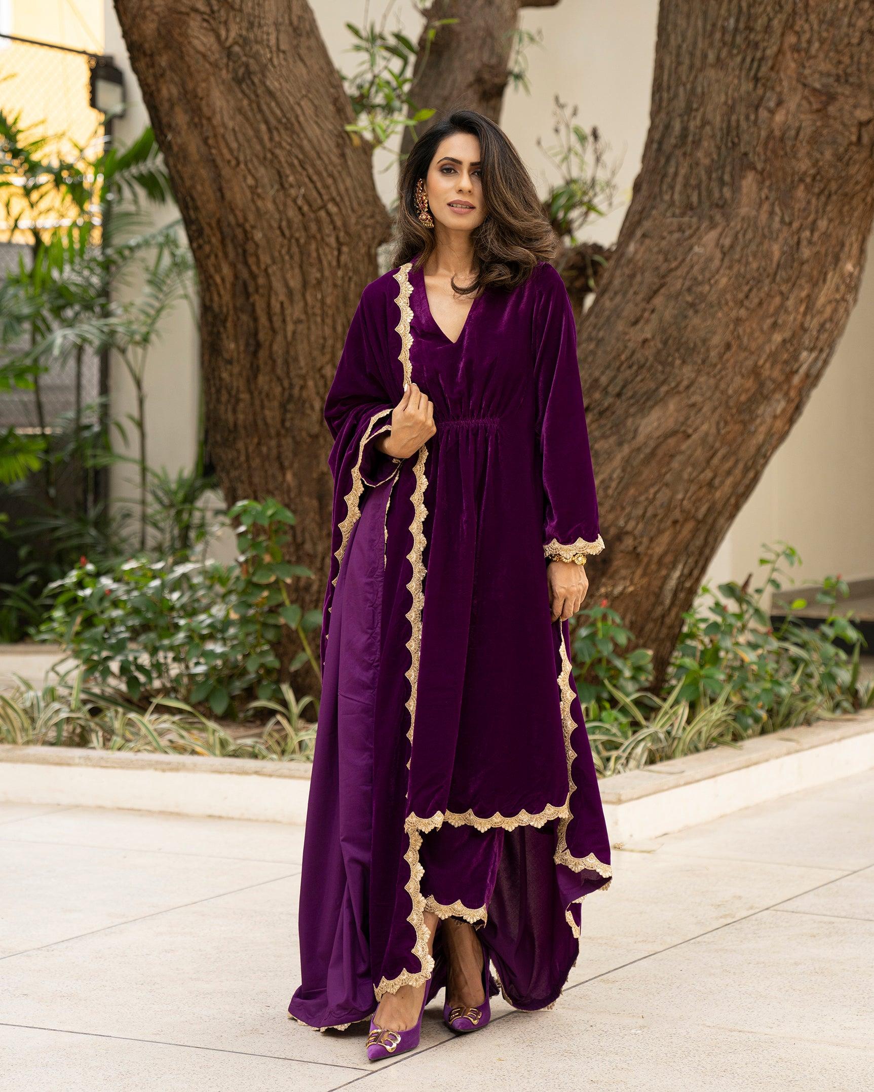 trueBrowns Wine Velvet Lace Kurta Pant Set