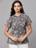 Myshka Grey Printed Half Sleeve Round Neck Top