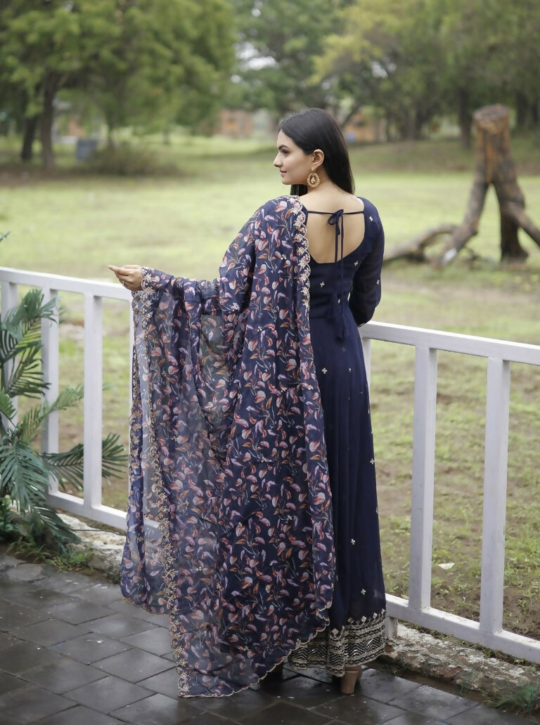 Jyoti Fashion Women's Navy Blue Faux Blooming Sequins with Zari Embroidery Anarkali Dress with Dupatta