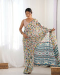 Off White Chinon Designer Digital Printed & Mirror Cut Work Saree - Kriti