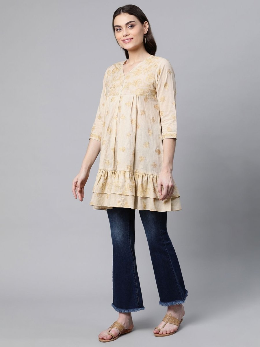 Ahalyaa Beige Cotton Gold Printed Tunic
