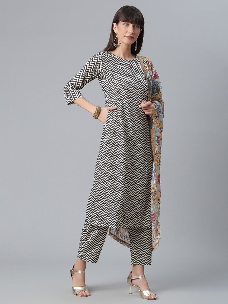 Ahalyaa Black & White Digital Print Crepe Kurta and Pant With Dupatta Set