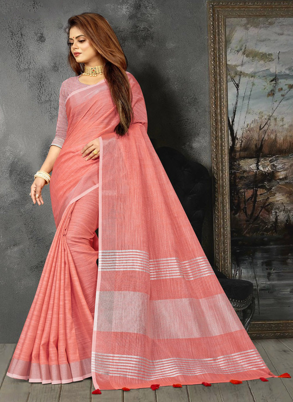 Shree Shyam Fashion Elegant Peach Woven Linen Saree with Contrast Zari Border & Tassels - Soft & Breathable Party Wear