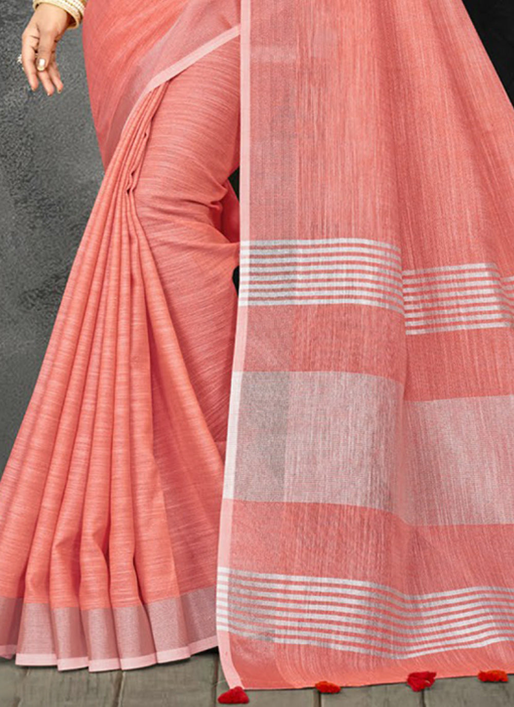 Shree Shyam Fashion Elegant Peach Woven Linen Saree with Contrast Zari Border & Tassels - Soft & Breathable Party Wear