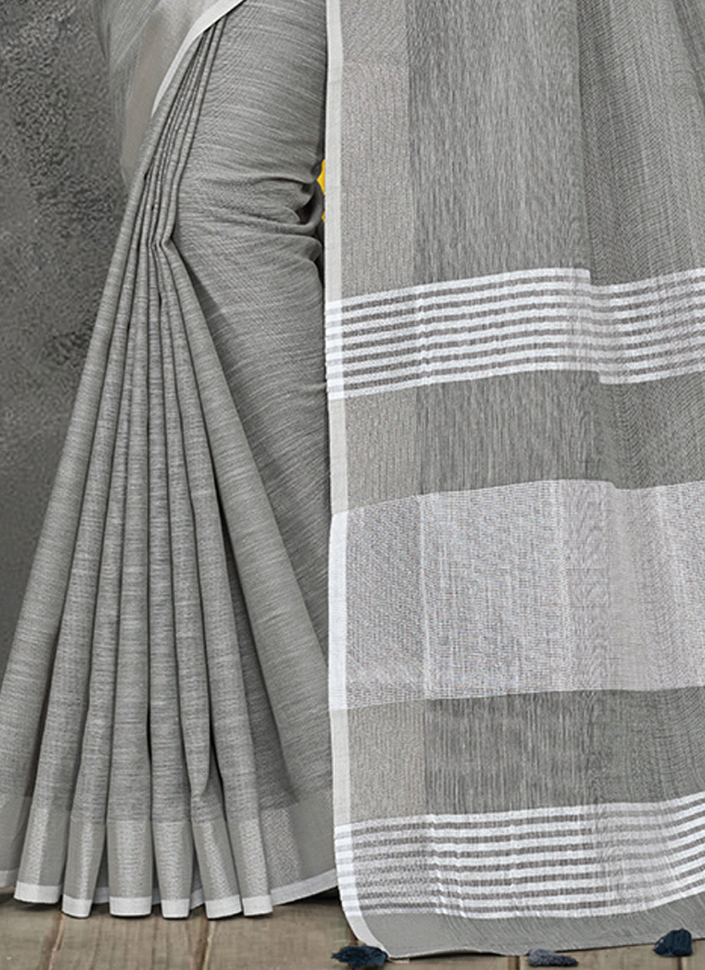 Shree Shyam Fashion Elegant Light Grey Woven Linen Saree with Contrast Zari Border & Tassels - Soft & Breathable Party Wear
