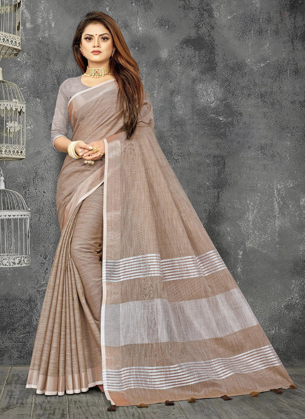 Shree Shyam Fashion Elegant Beige Woven Linen Saree with Contrast Zari Border & Tassels - Soft & Breathable Party Wear