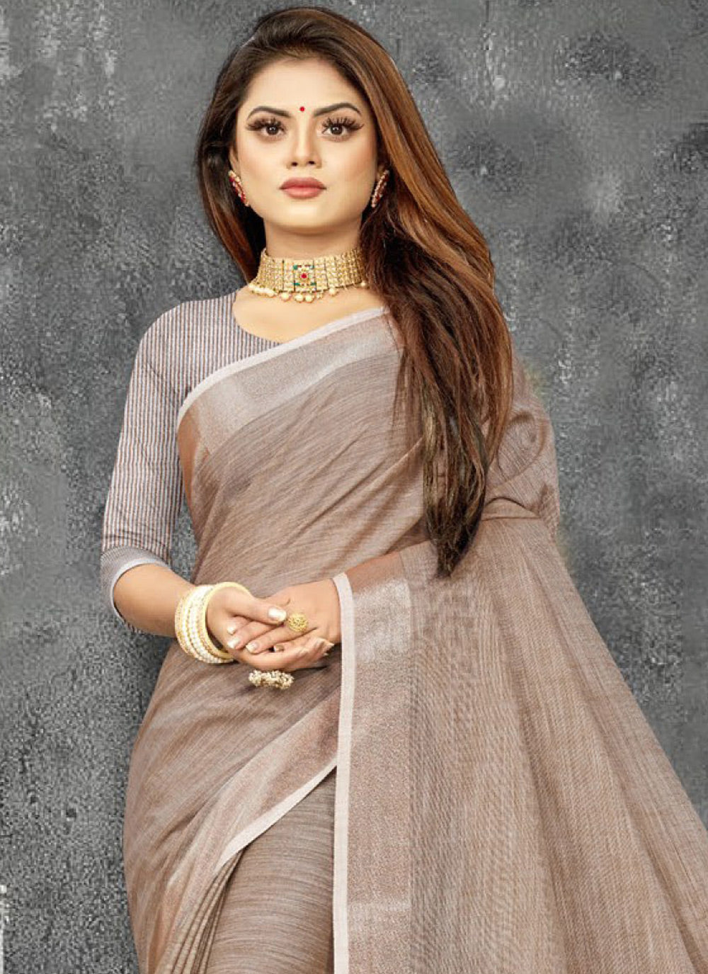 Shree Shyam Fashion Elegant Beige Woven Linen Saree with Contrast Zari Border & Tassels - Soft & Breathable Party Wear